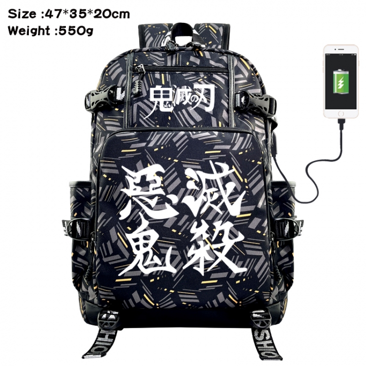 Demon Slayer Kimets Anime data cable camouflage print USB backpack schoolbag 47x35x20cm