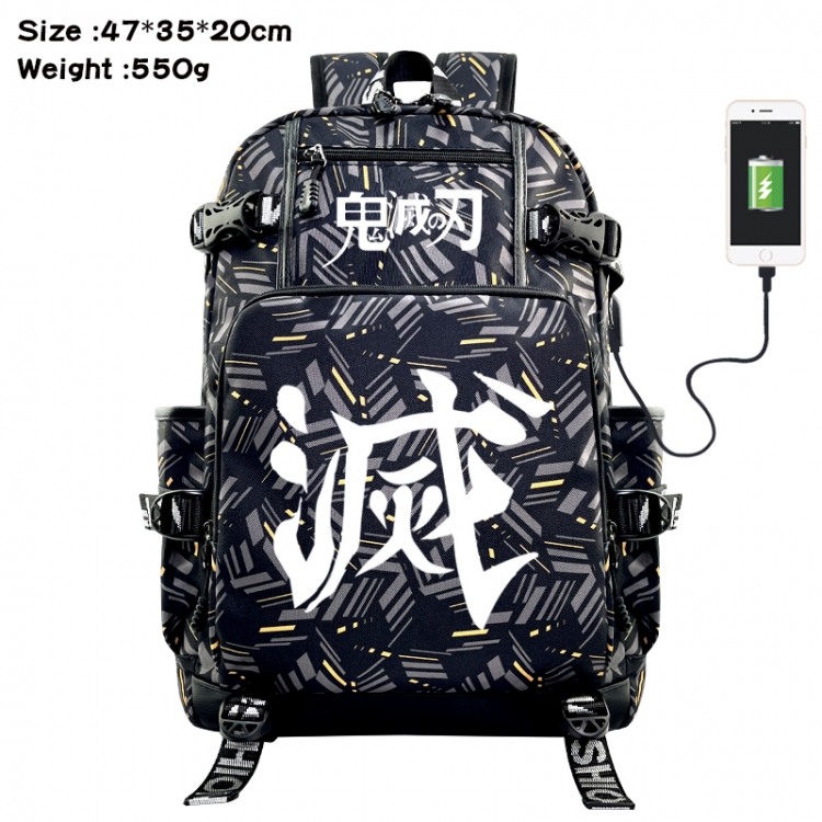 Demon Slayer Kimets Anime data cable camouflage print USB backpack schoolbag 47x35x20cm