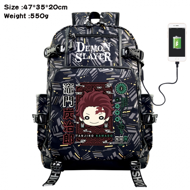 Demon Slayer Kimets Anime data cable camouflage print USB backpack schoolbag 47x35x20cm