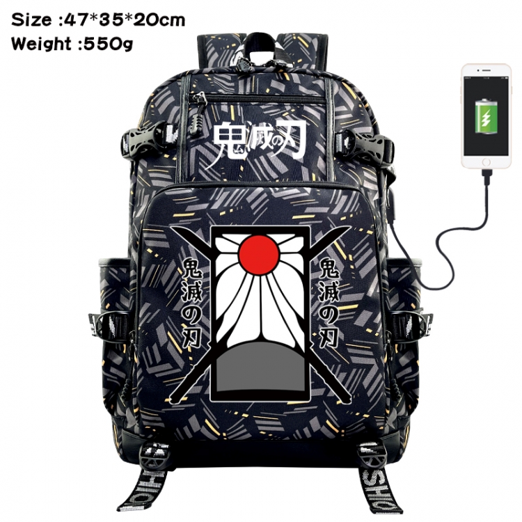 Demon Slayer Kimets Anime data cable camouflage print USB backpack schoolbag 47x35x20cm