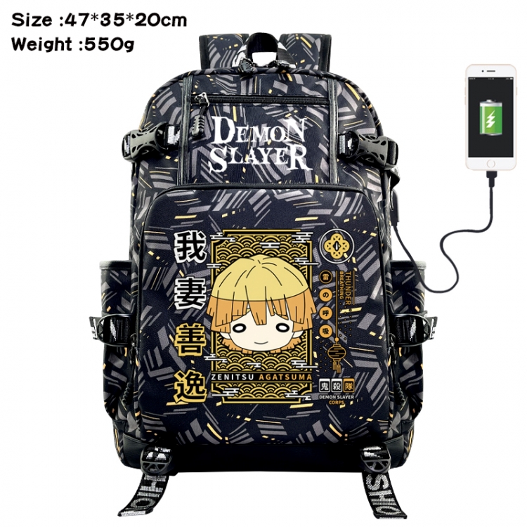 Demon Slayer Kimets Anime data cable camouflage print USB backpack schoolbag 47x35x20cm