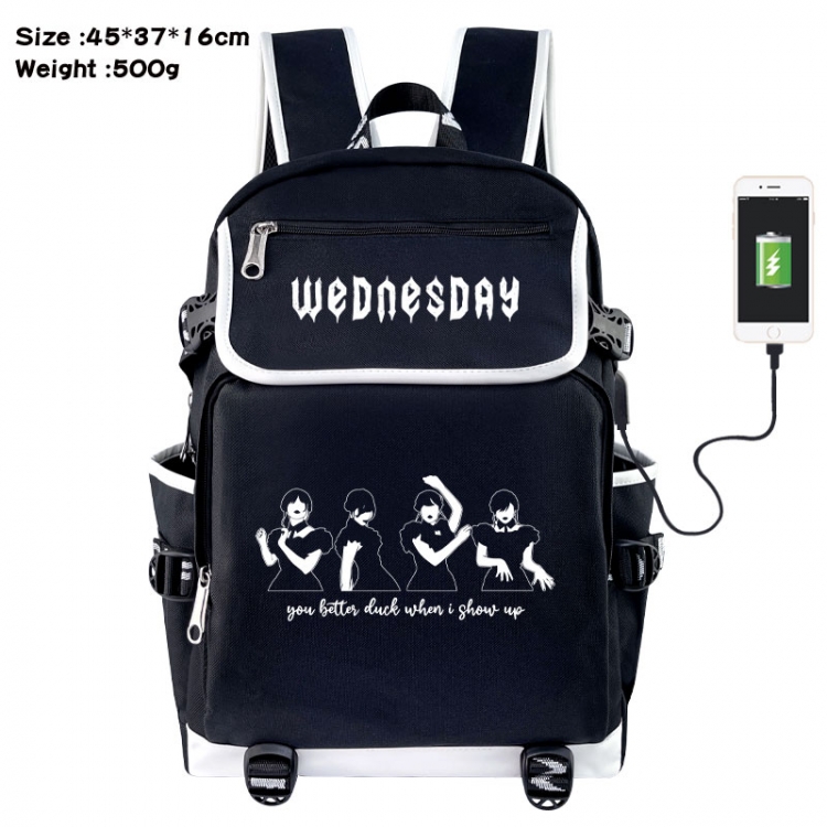 Wednesday Anime Flip Data Cable USB Backpack School Bag 45X37X16CM