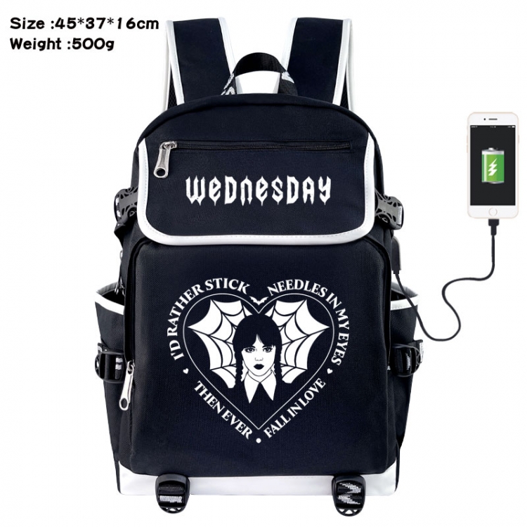 Wednesday Anime Flip Data Cable USB Backpack School Bag 45X37X16CM