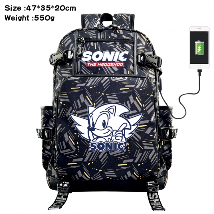 Sonic The Hedgehog Anime data cable camouflage print USB backpack schoolbag 47x35x20cm