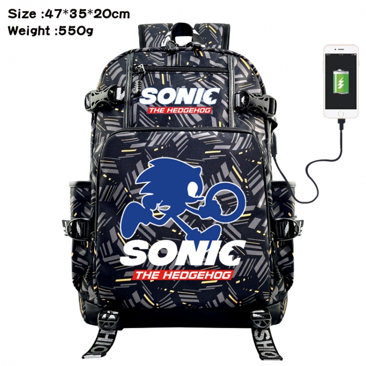 Sonic The Hedgehog Anime data cable camouflage print USB backpack schoolbag 47x35x20cm