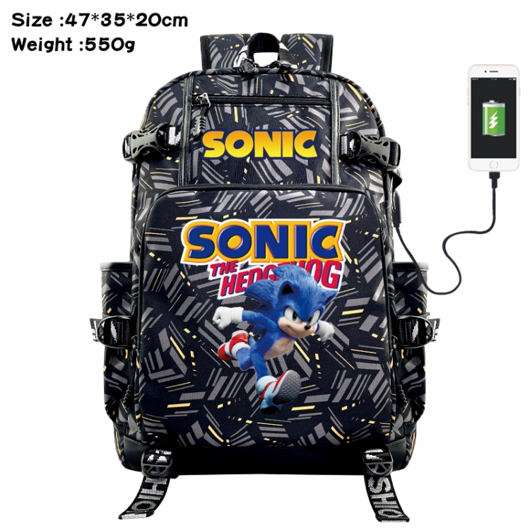 Sonic The Hedgehog Anime data cable camouflage print USB backpack schoolbag 47x35x20cm