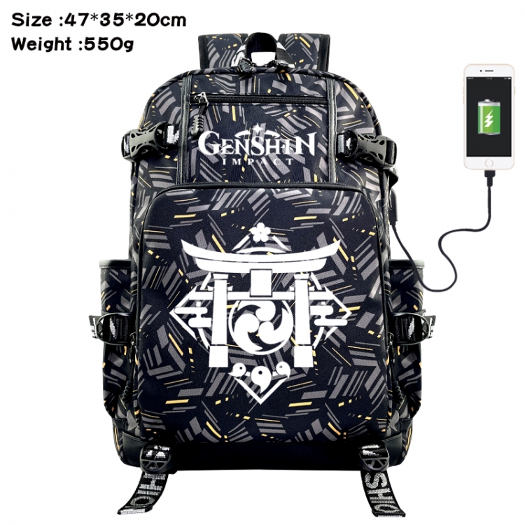 Genshin Impact Anime data cable camouflage print USB backpack schoolbag 47x35x20cm