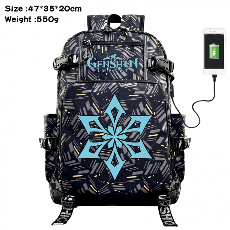 Genshin Impact Anime data cable camouflage print USB backpack schoolbag 47x35x20cm