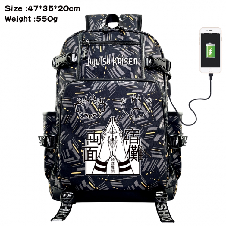 Jujutsu Kaisen Anime data cable camouflage print USB backpack schoolbag 47x35x20cm