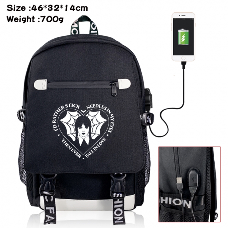Wednesday canvas USB backpack cartoon print student backpack 46X32X14CM 700g