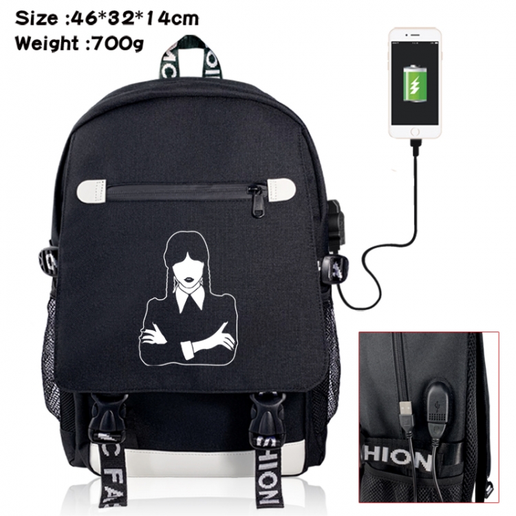 Wednesday canvas USB backpack cartoon print student backpack 46X32X14CM 700g