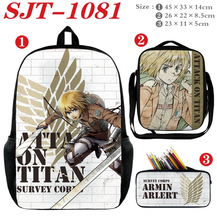 Shingeki no Kyojin Anime nylon canvas backpack pencil case crossbody bag three piece set 45x33x14cm