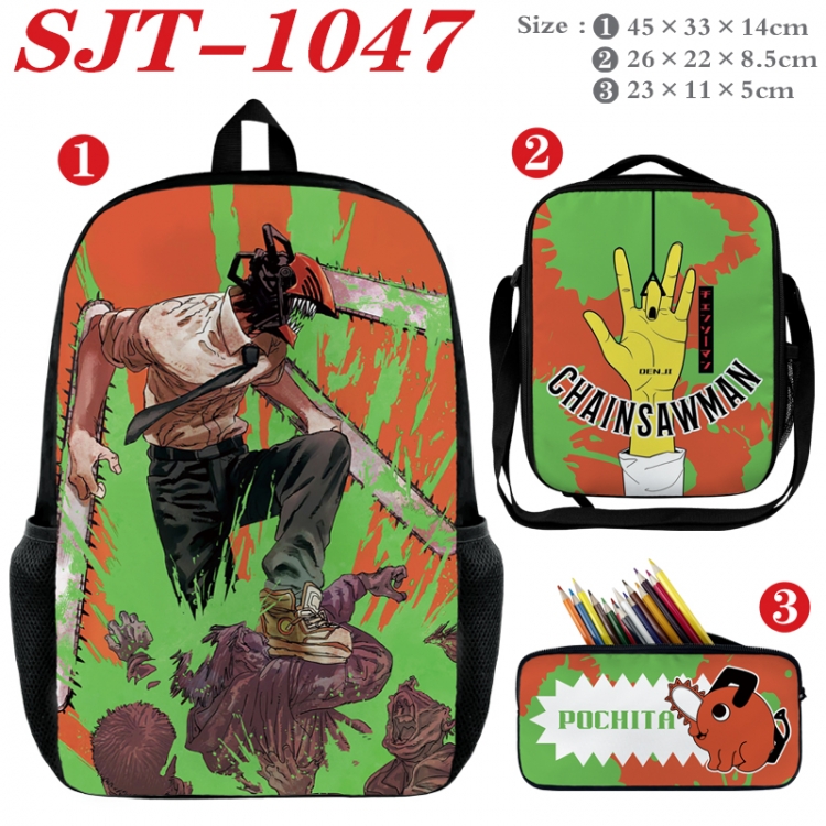 Chainsaw man Anime nylon canvas backpack pencil case crossbody bag three piece set 45x33x14cm