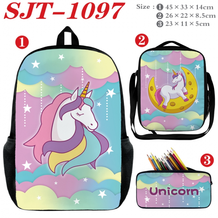 Unicorn Anime nylon canvas backpack pencil case crossbody bag three piece set 45x33x14cm