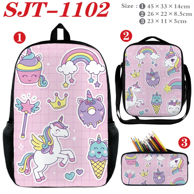 Unicorn Anime nylon canvas backpack pencil case crossbody bag three piece set 45x33x14cm