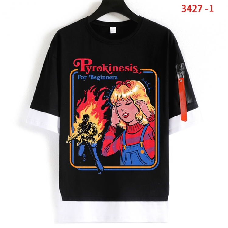 Evil illustration Cotton Crew Neck Fake Two-Piece Short Sleeve T-Shirt from S to 4XL HM-3427-1