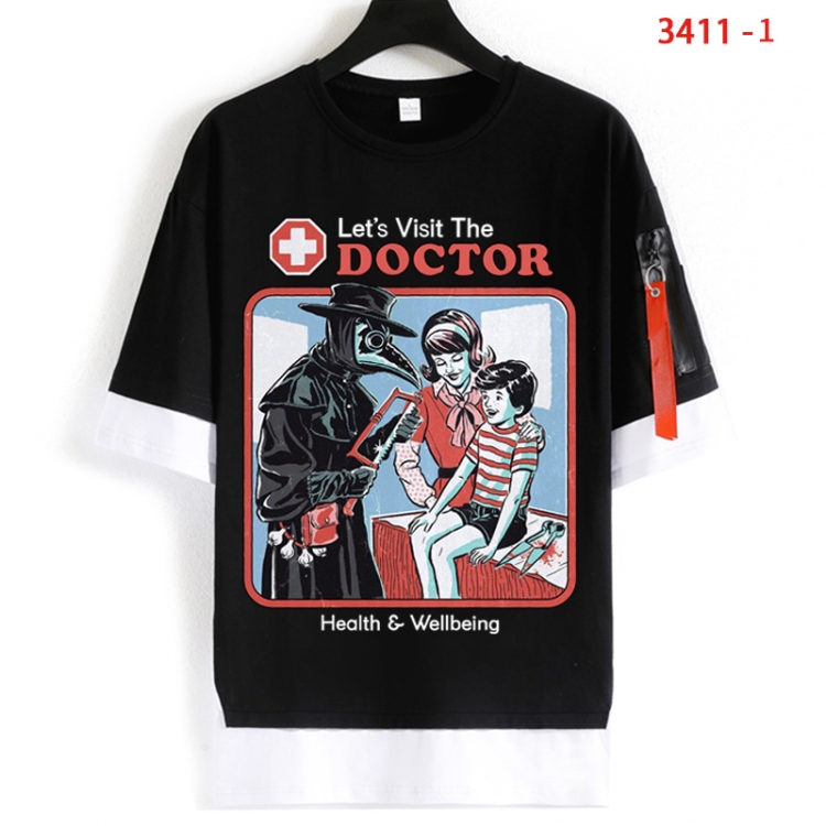 Evil illustration Cotton Crew Neck Fake Two-Piece Short Sleeve T-Shirt from S to 4XL HM-3411-1