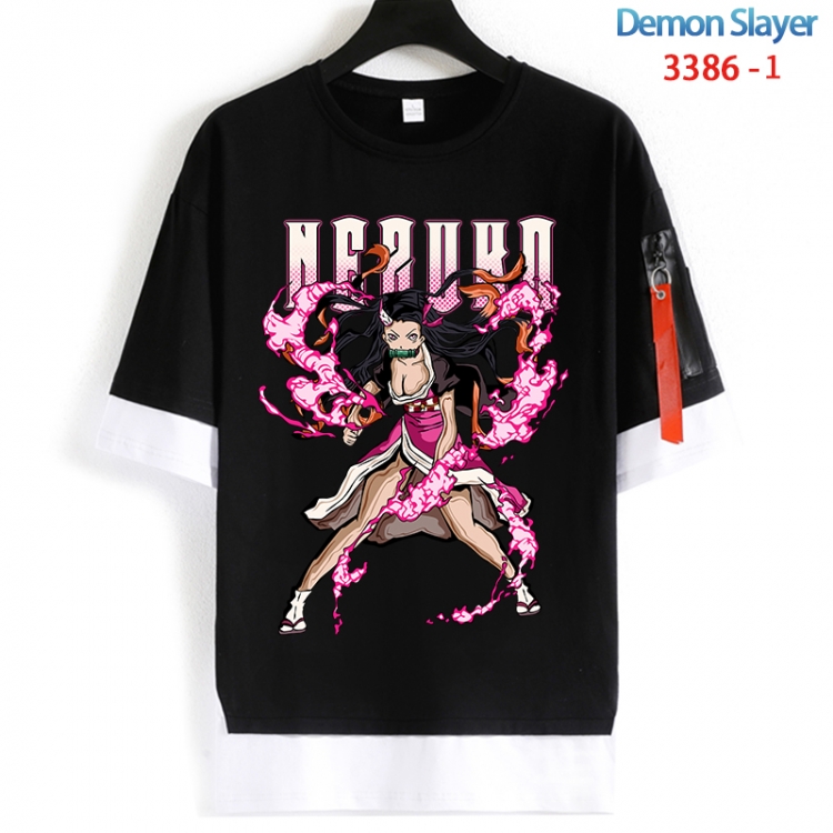 Demon Slayer Kimets Cotton Crew Neck Fake Two-Piece Short Sleeve T-Shirt from S to 4XL