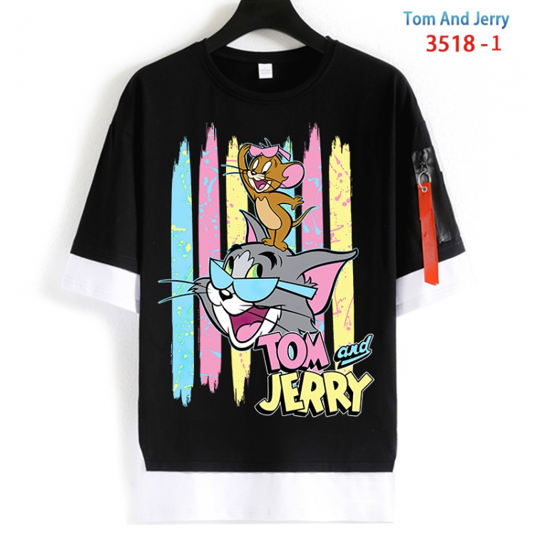 Tom and Jerry Cotton Crew Neck Fake Two-Piece Short Sleeve T-Shirt from S to 4XL