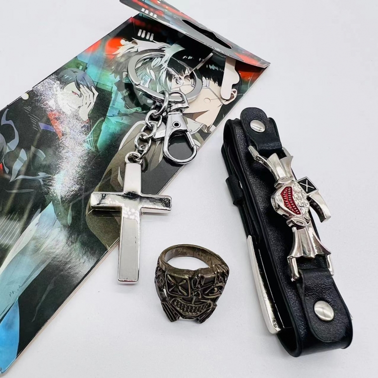 JoJos Bizarre Adventure Anime peripheral leather bracelet with ring keychain  3 piece set