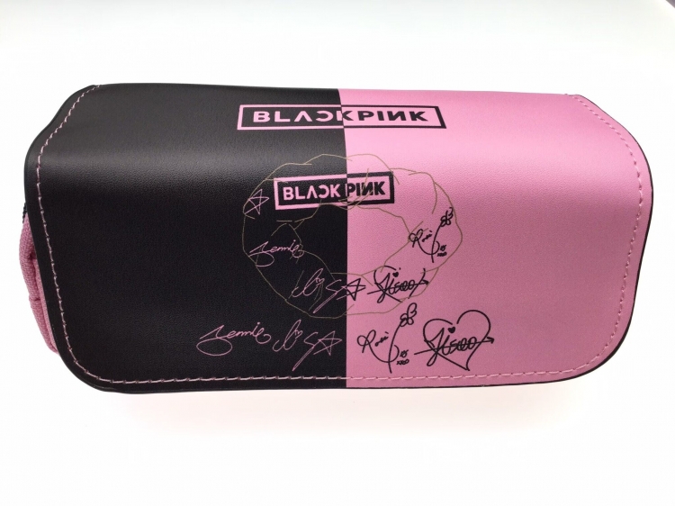 BLACK PINK Double zipper PU student stationery box pencil case 20X10X7.5M