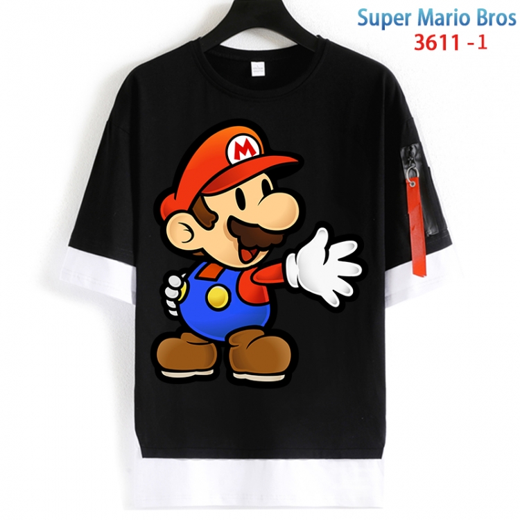 Super Mario Cotton Crew Neck Fake Two-Piece Short Sleeve T-Shirt from S to 4XLHM-3611