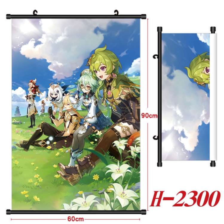 Genshin Impact Anime Black Plastic Rod Canvas Painting Wall Scroll 60X90CM H-2300
