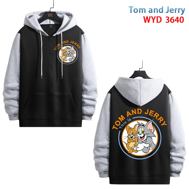 Tom and Jerry Anime black contrast gray pure cotton zipper patch pocket sweater from S to 3XL WYD-3640-3