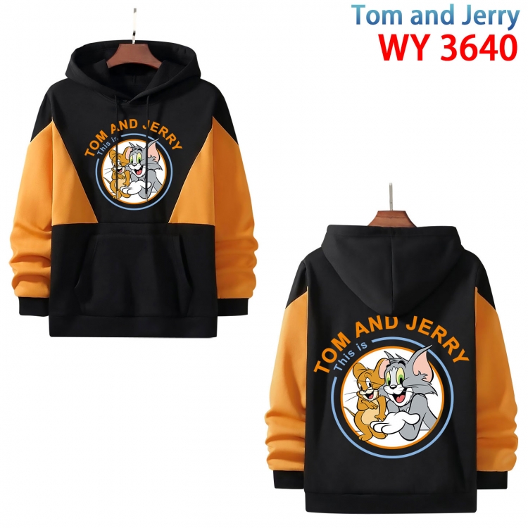 Tom and Jerry Anime black and yellow pure cotton hooded patch pocket sweater from S to 3XL  WY-3640-3