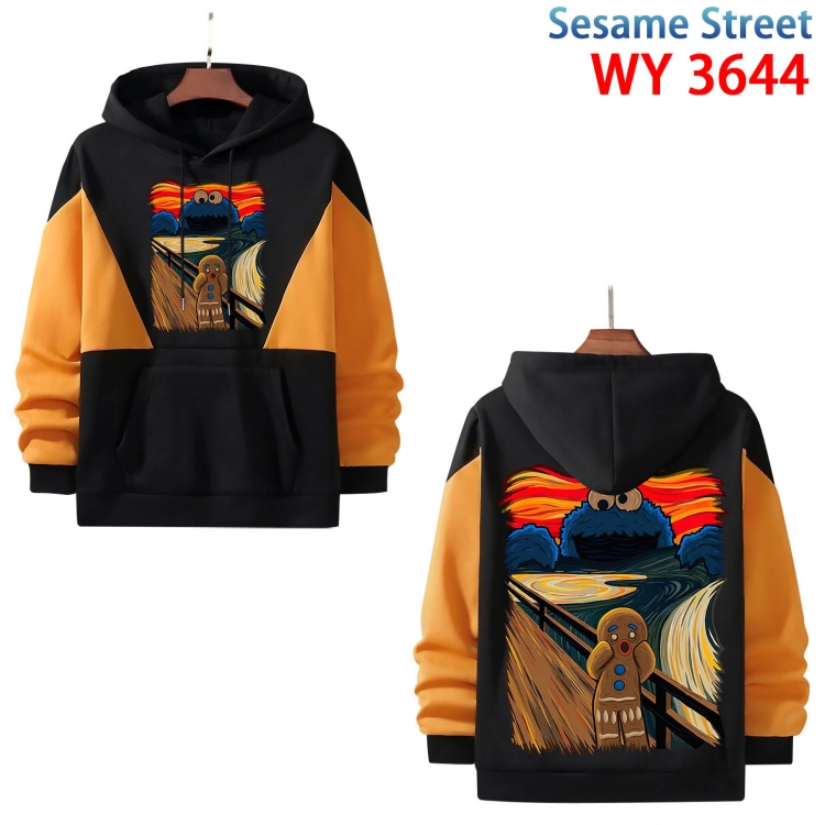 sesame street Anime black and yellow pure cotton hooded patch pocket sweater from S to 3XL WY-3644-3