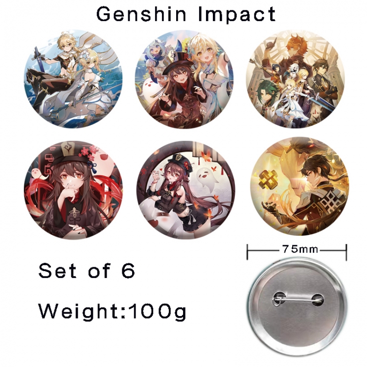 Genshin Impact Anime tinplate laser iron badge badge badge 75mm  a set of 6