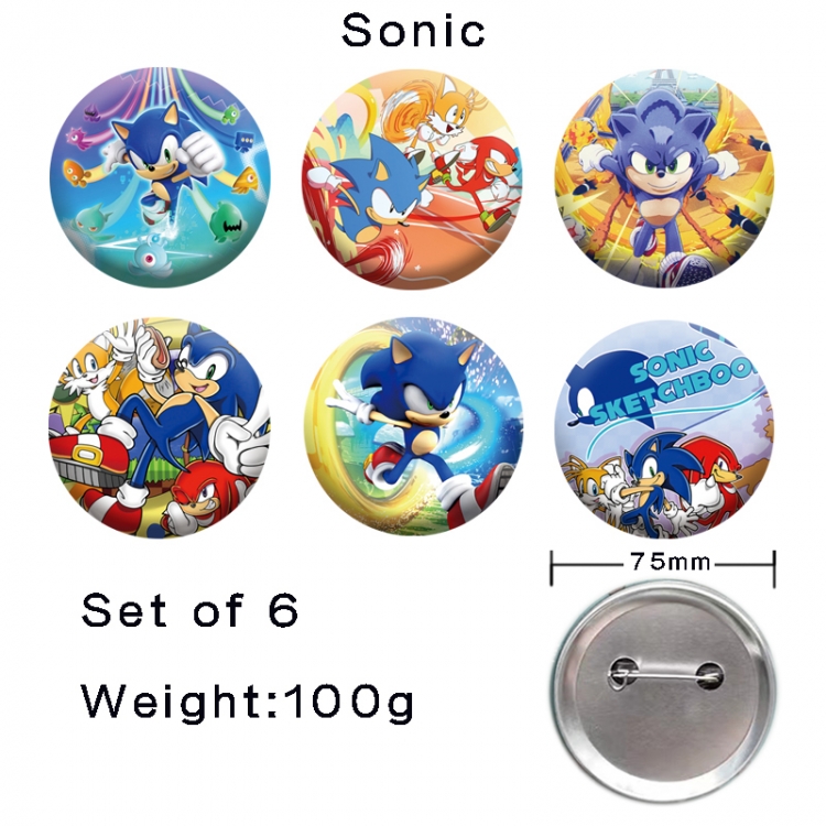 Sonic The Hedgehog Anime tinplate laser iron badge badge badge 75mm  a set of 6