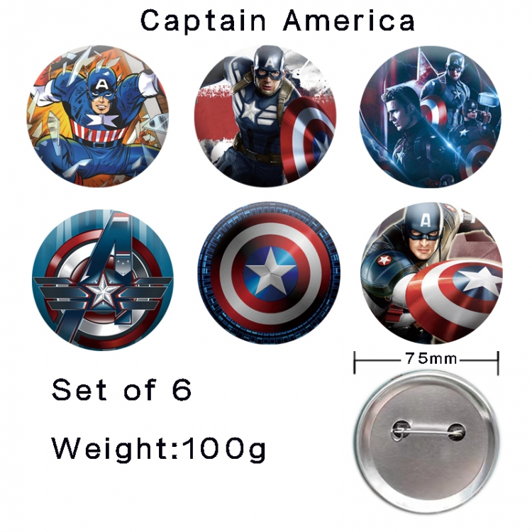 Captain America  Anime tinplate laser iron badge badge badge 75mm  a set of 6