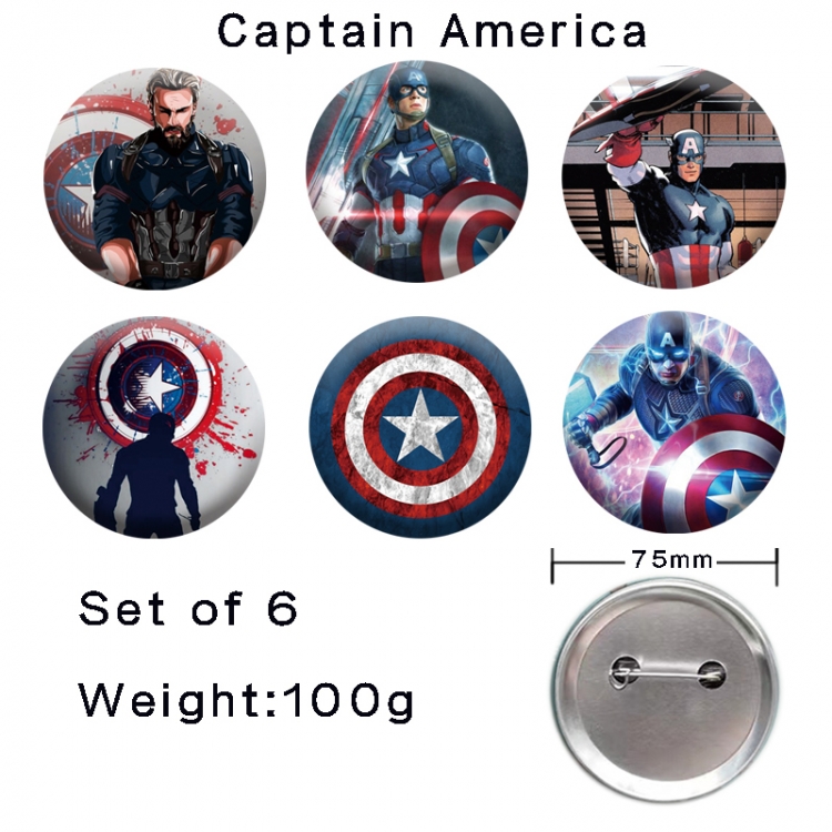 Captain America  Anime tinplate laser iron badge badge badge 75mm  a set of 6