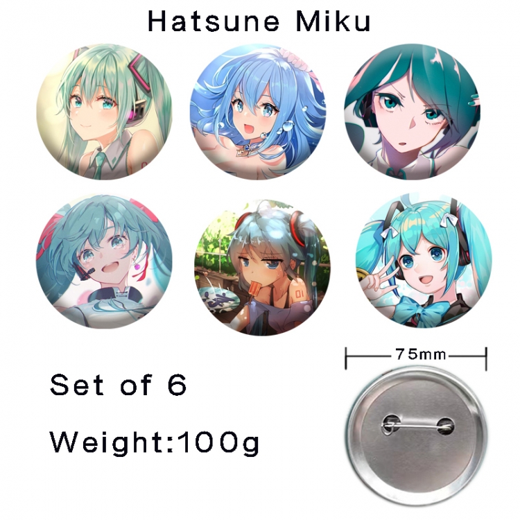 Hatsune Miku Anime tinplate laser iron badge badge badge 75mm  a set of 6