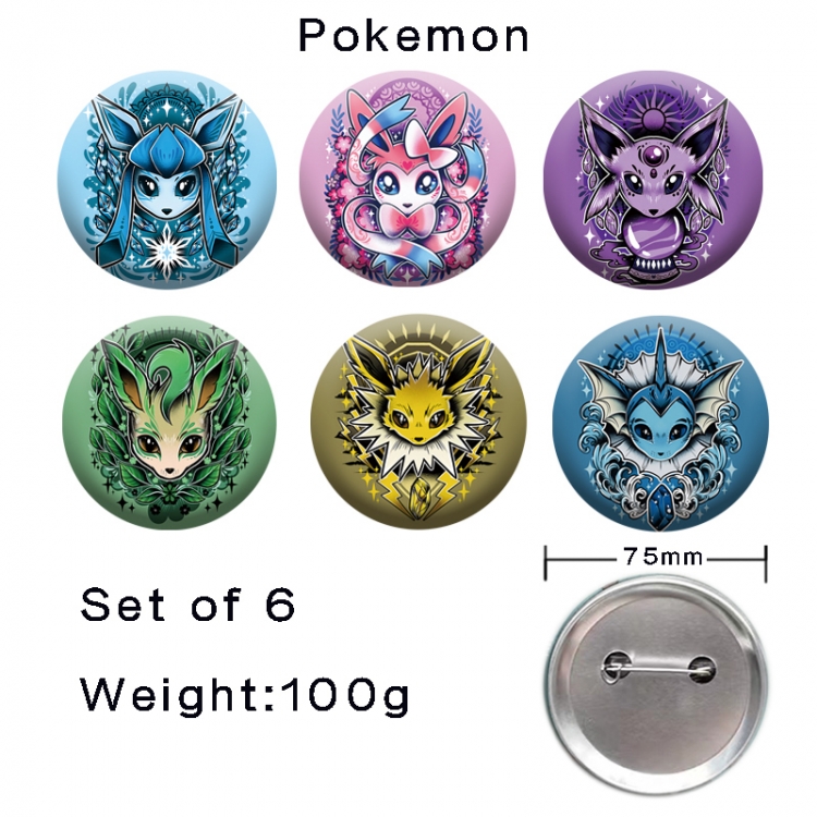 Pokemon Anime tinplate laser iron badge badge badge 75mm  a set of 6