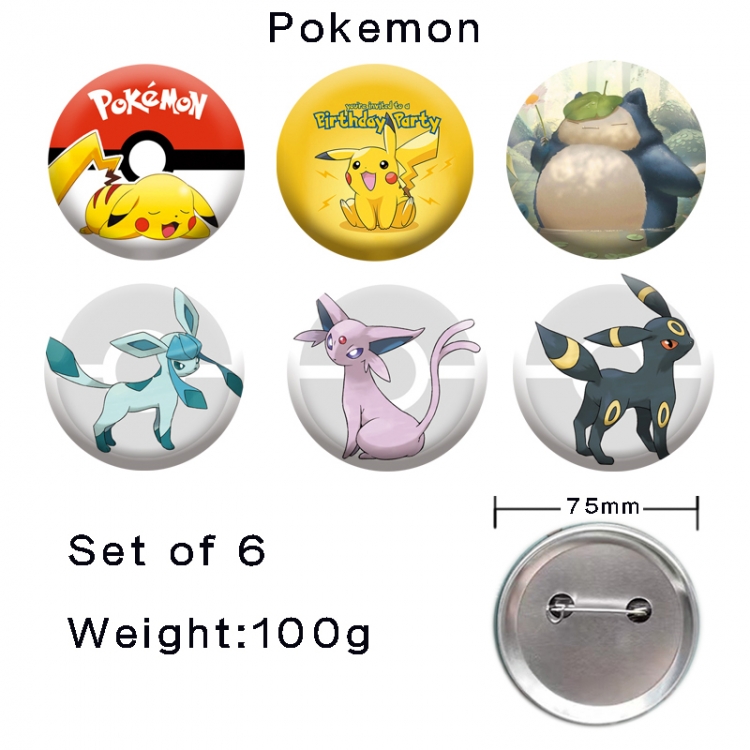 Pokemon Anime tinplate laser iron badge badge badge 75mm  a set of 6