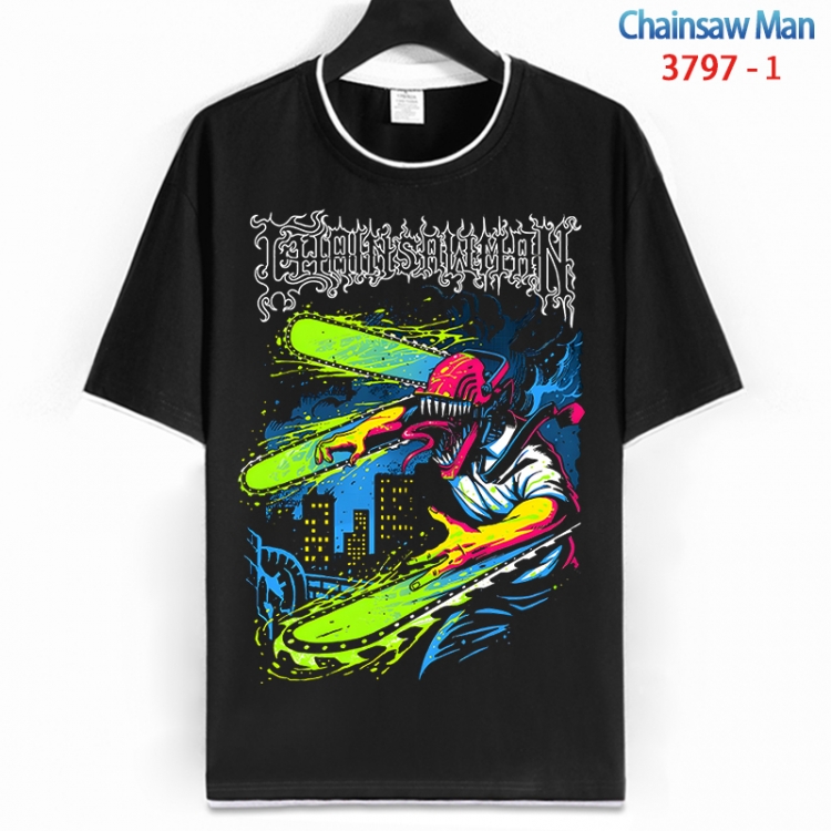 Chainsaw man Cotton crew neck black and white trim short-sleeved T-shirt from S to 4XL  HM-3797-1