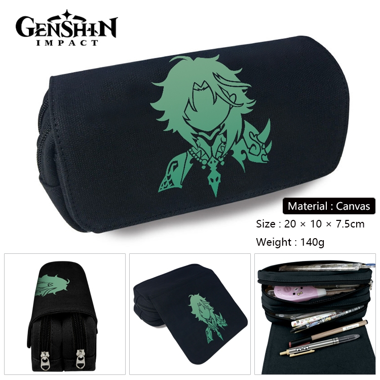 Genshin Impact Anime Multi-Function Double Zipper Canvas Cosmetic Bag Pen Case 20x10x7.5cm