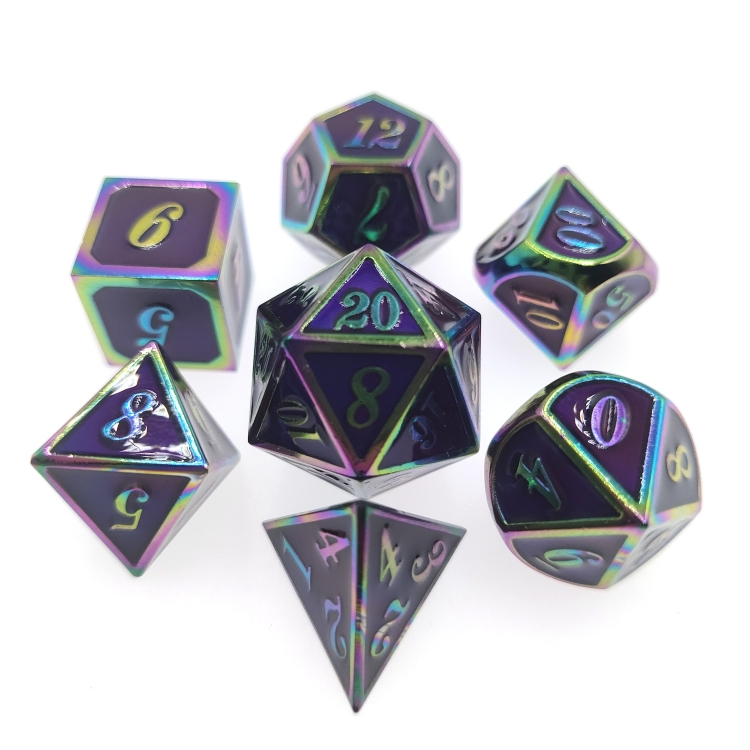 Italic Colorful Zinc alloy metal entertainment dice board game tools iron box packaging 157g a set of 7 HYX-026