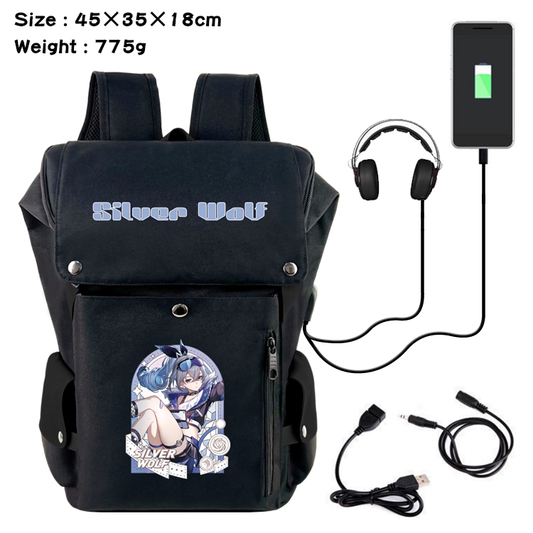 Honkai: Star Rail Anime Canvas Bucket Data Cable Backpack School Bag 45X35X18CM 775G