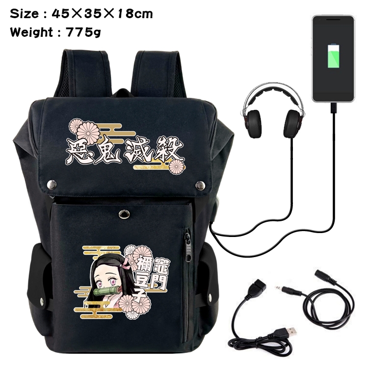 Demon Slayer Kimets Anime Canvas Bucket Data Cable Backpack School Bag 45X35X18CM 775G