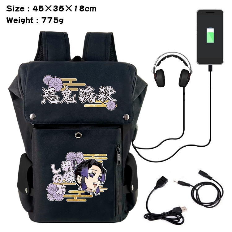 Demon Slayer Kimets Anime Canvas Bucket Data Cable Backpack School Bag 45X35X18CM 775G