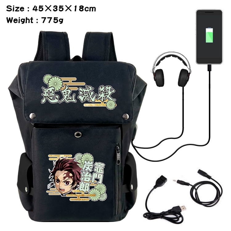 Demon Slayer Kimets Anime Canvas Bucket Data Cable Backpack School Bag 45X35X18CM 775G