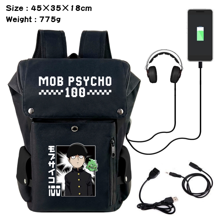 Mob Psycho 100 Anime Canvas Bucket Data Cable Backpack School Bag 45X35X18CM 775G