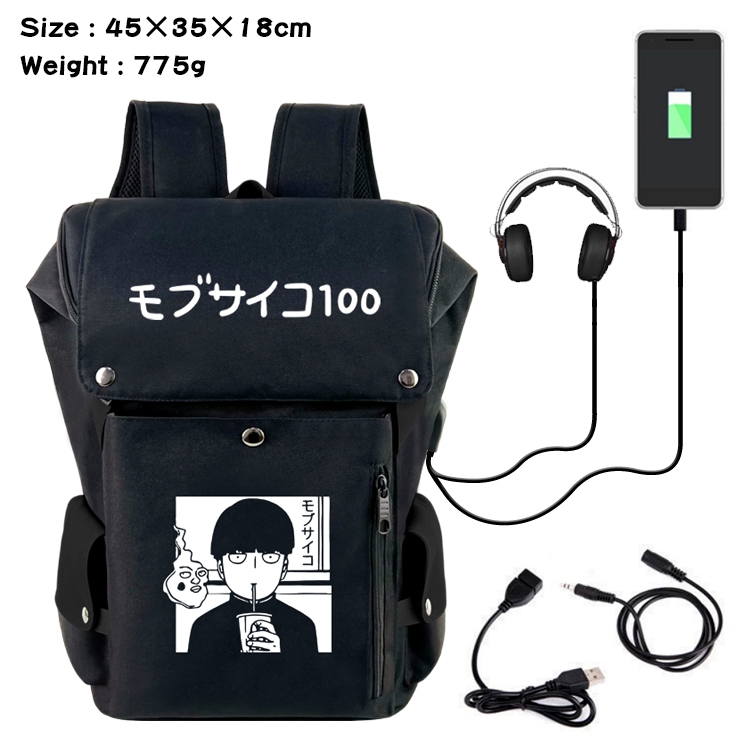 Mob Psycho 100 Anime Canvas Bucket Data Cable Backpack School Bag 45X35X18CM 775G