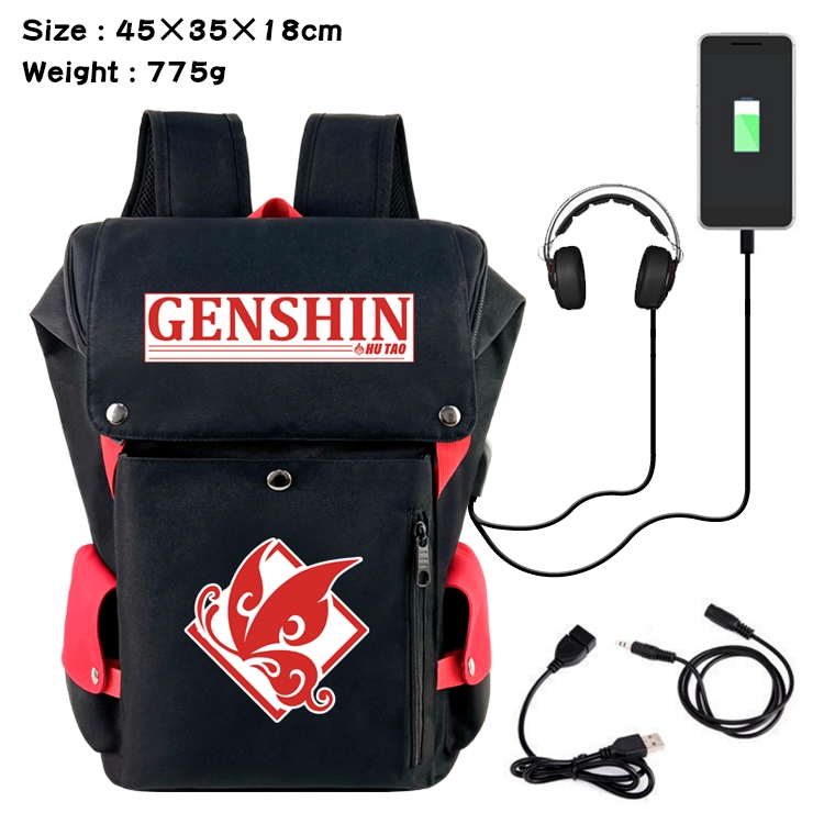 Genshin Impact Anime Canvas Bucket Data Cable Backpack School Bag 45X35X18CM 775G