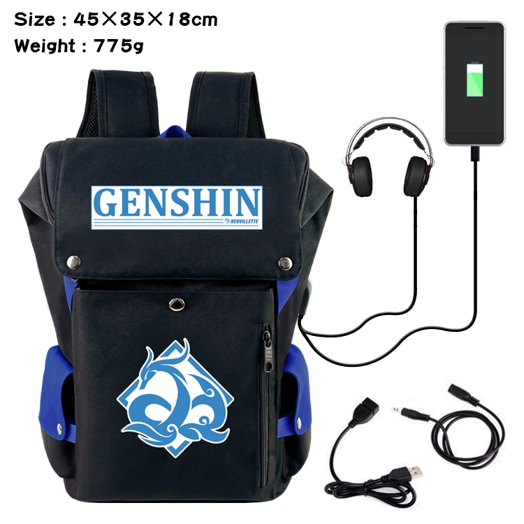 Genshin Impact Anime Canvas Bucket Data Cable Backpack School Bag 45X35X18CM 775G