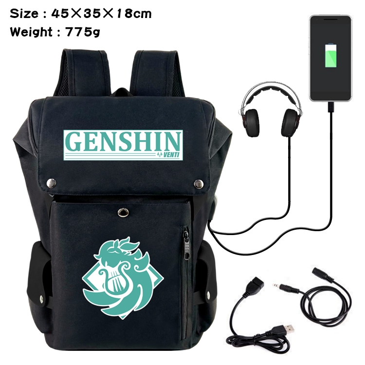 Genshin Impact Anime Canvas Bucket Data Cable Backpack School Bag 45X35X18CM 775G