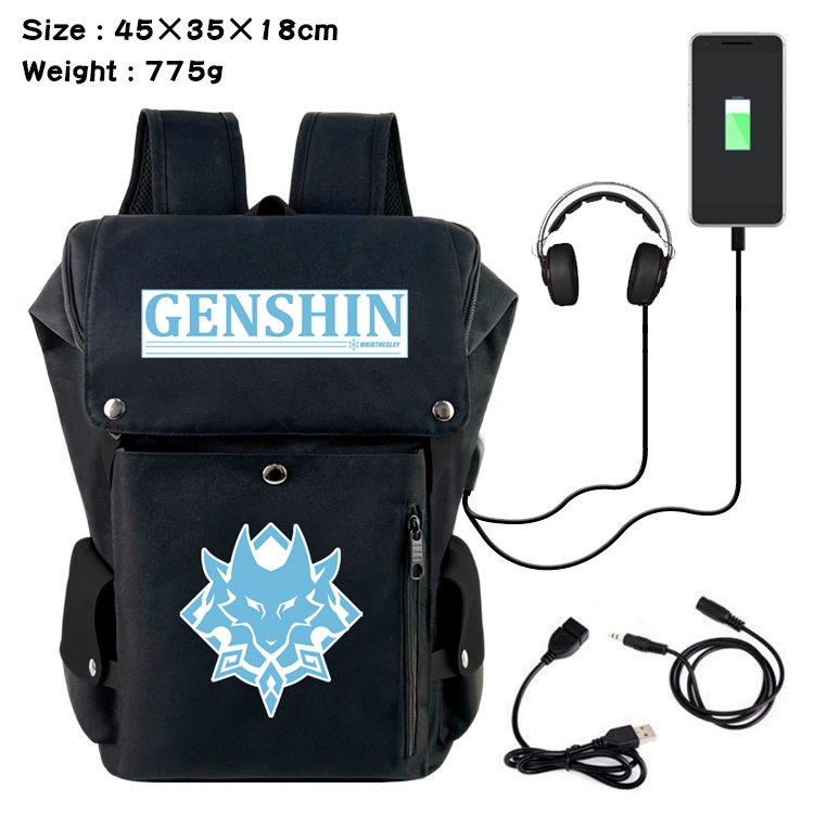 Genshin Impact Anime Canvas Bucket Data Cable Backpack School Bag 45X35X18CM 775G